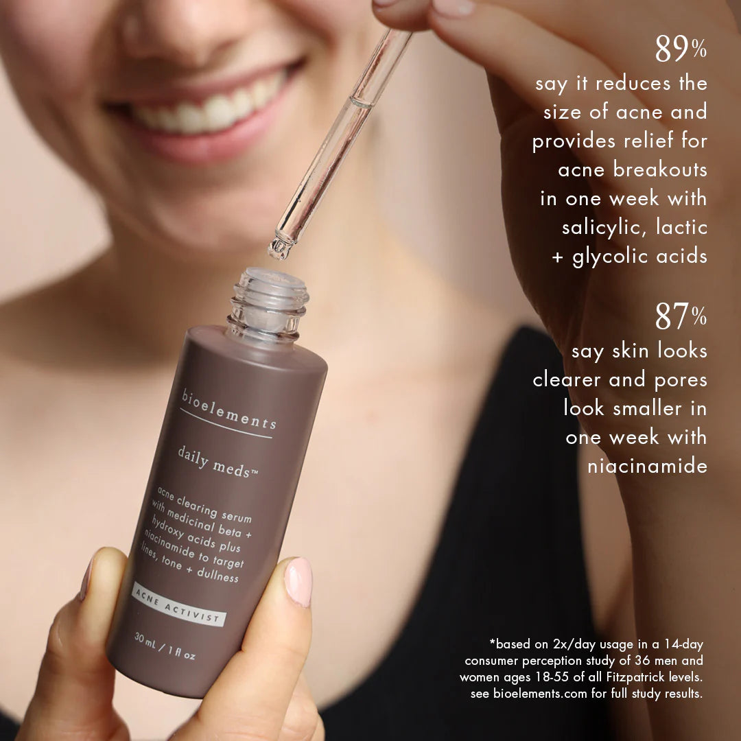 Daily Meds Acne Clearing Serum - Lightweight daily-use serum with 2% salicylic acid, glycolic acid, and niacinamide to clear acne, refine texture, and improve skin tone.